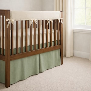 Puede incluir: Una cuna de madera con un protector de parachoques color crema atado con pequeños lazos. La cuna tiene una falda de cuna verde salvia y un colchón. La cuna está sobre un fondo neutro.