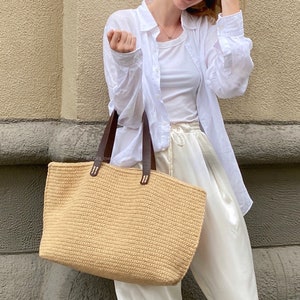 Crochet Jute Tote Bag, Handmade Beach Shopper, Large Eco-Friendly Bag with Leather Handles, Natural Casual Shoulder Bag, Big Crochet Purse