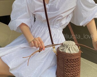 Handmade Raffia Barrel Bag, Brown Crochet Crossbody Purse, Boho Bucket Bag with Lace Pocket Linen Drawstring Pouch, Adjustable Leather Strap