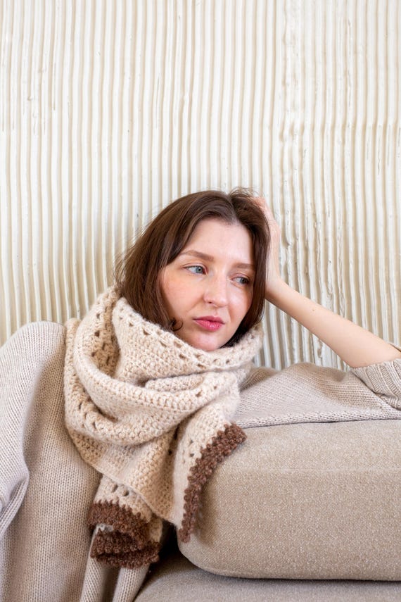 Crochet Alpaca Scarf, Lightweight Merino Wool Shawl, Soft Ivory Scarf with  Lace Edges, Warm Textured Wrap, Handmade Winter Scarf