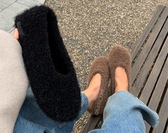 Gehäkelte Boucle Ballerinas, Indoor Outdoor Mary Jane Hausschuhe, Minimalistische Wolle Haus Schuhe, weiche Sommer Home Wohnungen, schwarze Häkelschuhe