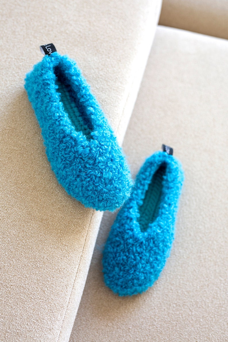 Crochet boucle ballerina shoes Fur-effect mohair ballerina slippers Turquoise ballet flats Indoor and outdoor ballerina slippers 38-38.5 zdjęcie 1