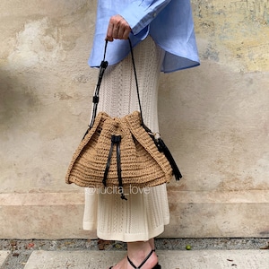 Handgefertigte Raffia Handtasche, Luxus Häkeln Eimer Tasche, Twisted Raffia Stilvolle Sommertasche, Handarbeit Strohhandtasche Lederband Boho Strohtasche