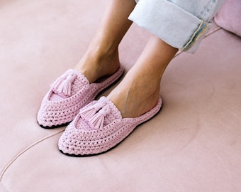 Mules with Tassels Crochet Tutorial PDF+Step-by-Step Video+Size Charts | Crochet Pattern | T-shirt Yarn House Slippers Masterclass | DIY