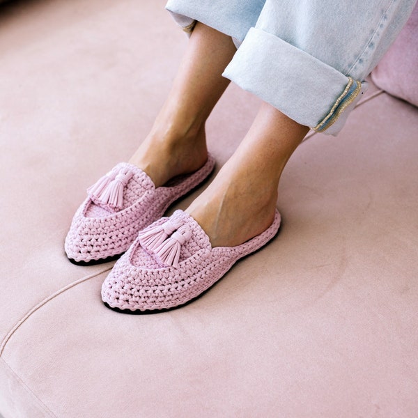 Mules with Tassels Crochet Tutorial PDF+Step-by-Step Video+Size Charts | Crochet Pattern | T-shirt Yarn House Slippers Masterclass | DIY