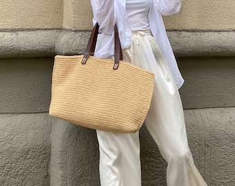 Crochet Tote Bag, Casual Jute Shopper Bag, Handmade Large Tote, Crochet Market Bag, Handmade Beach Bag, Shoulder Bag, Big Size Straw Shopper