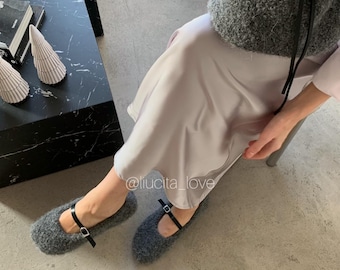 Grey Boucle Ballet Flats, Women’s Mary Jane Shoes, Handmade Alpaca Wool Flats, Trendy Minimalist Ballet Shoes with Leather Strap