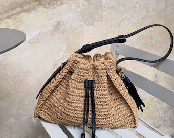 Handmade Raffia Handbag, Luxury Crochet Bucket Bag, Twisted Raffia Stylish Summer Bag, Handicraft Straw Handbag Leather Strap Boho Straw Bag