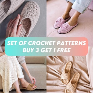 Puede incluir: Conjunto de cuatro patrones de zapatillas de crochet. Los patrones incluyen una zapatilla rosa con borla, una zapatilla beige con tira y dos zapatillas beige con tira cruzada. El texto "SET OF CROCHET PATTERNS BUY 3 GET 1 FREE" se muestra en la imagen.
