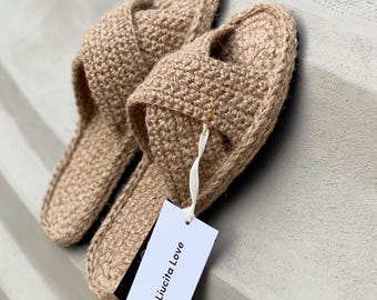 Jute Häkeln Hausschuhe mit Sohlen, Unisex Sommer Hausschuhe, Handgefertigte Hausschuhe, Indoor Outdoor Schuhe, Flip Flops, Herren & Damen Hausschuhe