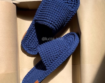 Men’s Knit Cotton Slippers with Crochet Sole, Handmade Indoor House Shoes, Elastic Fit, Non-Slip, Lightweight Gift for Him – Custom Colors