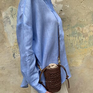 Chocolate Brown Raffia Mini Bag – Woven Straw Crossbody, Boho Summer Bucket Purse, Natural Crochet Beach Bag, Handmade Brown Bag