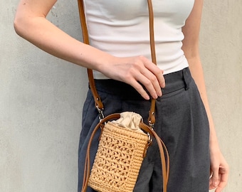 Molde de crochê para mini bolsa de ráfia em PDF, tutorial em vídeo passo a passo, bolsa de campo com bolso rendado, bolsa saco de verão faça você mesmo