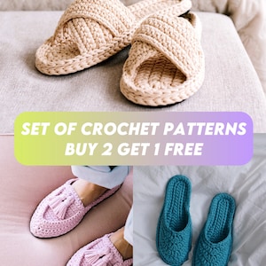 Può includere: Set di modelli di pantofole all'uncinetto. Compra 2, ricevi 1 gratis. I modelli includono un paio di pantofole beige con un cinturino incrociato, un paio di pantofole rosa con un pon pon e un paio di pantofole turchesi.