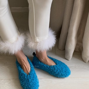 Crochet boucle ballerina shoes Fur-effect mohair ballerina slippers Turquoise ballet flats Indoor and outdoor ballerina slippers 38-38.5 zdjęcie 5