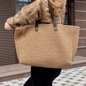 Crochet Jute Tote Bag, Handmade Beach Shopper, Large Eco-Friendly Bag with Leather Handles, Natural Casual Shoulder Bag, Big Crochet Purse