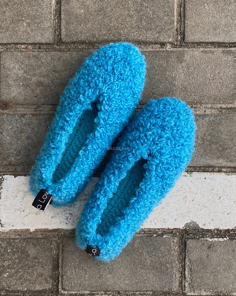 Crochet boucle ballerina shoes Fur-effect mohair ballerina slippers Turquoise ballet flats Indoor and outdoor ballerina slippers 38-38.5 zdjęcie 9