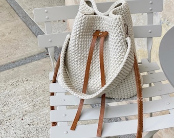Ivory Crochet Bucket Bag, Handmade Tote with Leather Strap, Minimalist Shoulder Bag, Boho Crossbody Handbag, Cotton Drawstring Purse