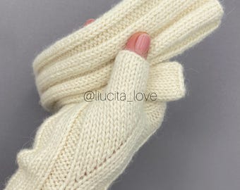 in stock - Light Alpaca Wool Fingerless Gloves – Handmade Ribbed Knit Hand Warmers, Minimalist Spring Mittens, Stylish Layering Accessory