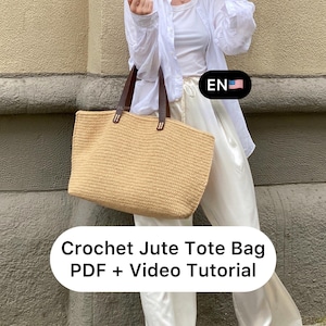 Crochet Jute Tote Bag Pattern with Video Tutorial, Easy DIY Summer Market Bag, Handmade Shopper, Crochet Bag PDF