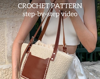 Everyday Bucket Bag Crochet Pattern – Minimal Crochet Bag Tutorial with Video, Handmade Summer Purse DIY, Leather Handle Option, Summer Tote