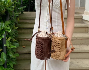 Raffia Mini Bag VILLAGE, Crochet Crossbody Purse, Linen Lined Summer Bag, Handmade Straw Cellphone Bag, Small Bucket Bag, Boho Gift