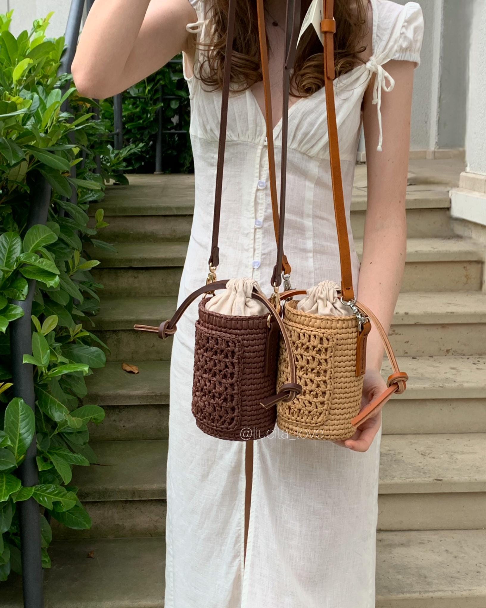 Raffia Mini Bag VILLAGE, Crochet Crossbody Purse, Linen Lined