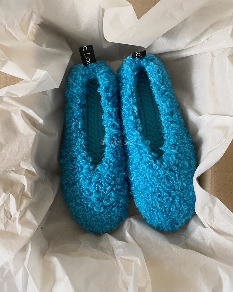 Crochet boucle ballerina shoes Fur-effect mohair ballerina slippers Turquoise ballet flats Indoor and outdoor ballerina slippers 38-38.5 zdjęcie 3