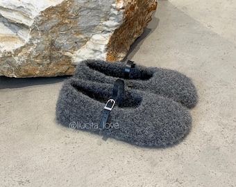 Fluffy Boucle Ballet Flats, Handmade Mary Jane Shoes, Wool Flats with Leather Strap, Non-Slip Cozy Shoes for Women, Shearing Ballerina Flats