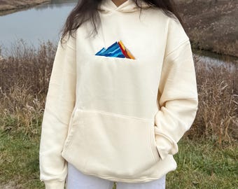 Hand-Embroidered Mountain Hoodie – Colorful Nature Landscape Design