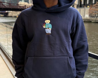 Embroidered Bear Hoodie • Unisex Navy Sweatshirt, Winter Gift