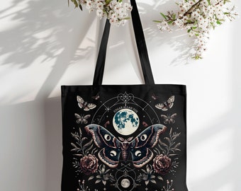 Book Lover Tote, Booktok Merch,Botanical Print Tote,Dark Academia Tote,Dark Fairycore,Dark Floral,Edgar Allan Poe,Gothic Garden,Lunar Moth