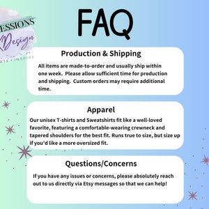 Puede incluir: Un gr&aacute;fico azul claro y rosa con el texto "EXPRESSIONS by KDesign CREATE INSPIRE" y la palabra "FAQ" en una fuente grande. El gr&aacute;fico tambi&eacute;n incluye tres cuadros con informaci&oacute;n sobre producci&oacute;n y env&iacute;o, ropa y preguntas y preocupaciones.