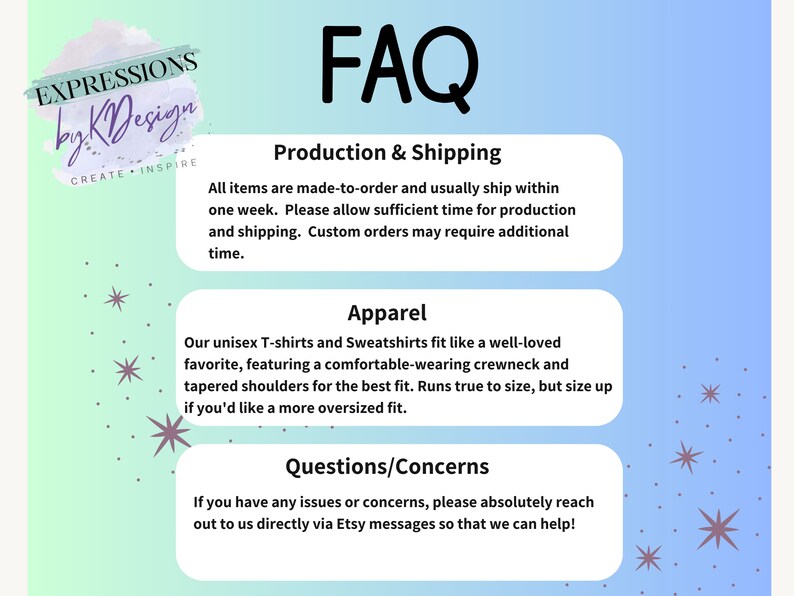Puede incluir: Un gr&aacute;fico azul claro y rosa con el texto "EXPRESSIONS by KDesign CREATE INSPIRE" y la palabra "FAQ" en una fuente grande. El gr&aacute;fico tambi&eacute;n incluye tres cuadros con informaci&oacute;n sobre producci&oacute;n y env&iacute;o, ropa y preguntas y preocupaciones.