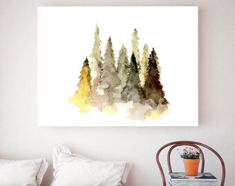 Watercolor Pine Forest Trees Painting Downloadable Wall Art Digital