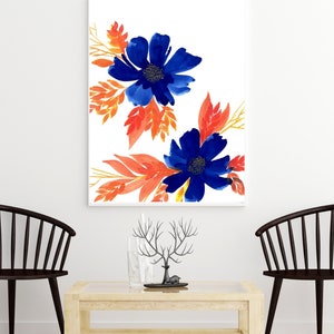 Indigo Flowers Watercolor Painting Downloadable Digital Wall Art Metallic Accent