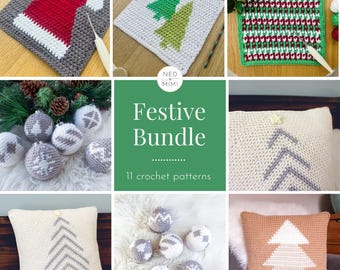 May include: A collection of 11 crochet patterns for festive decorations, including ornaments, pillows, and squares. The patterns feature a variety of Christmas themes, such as trees, ornaments, and Santa hats. The patterns are available as a bundle, and are perfect for adding a touch of handmade charm to your holiday decor.