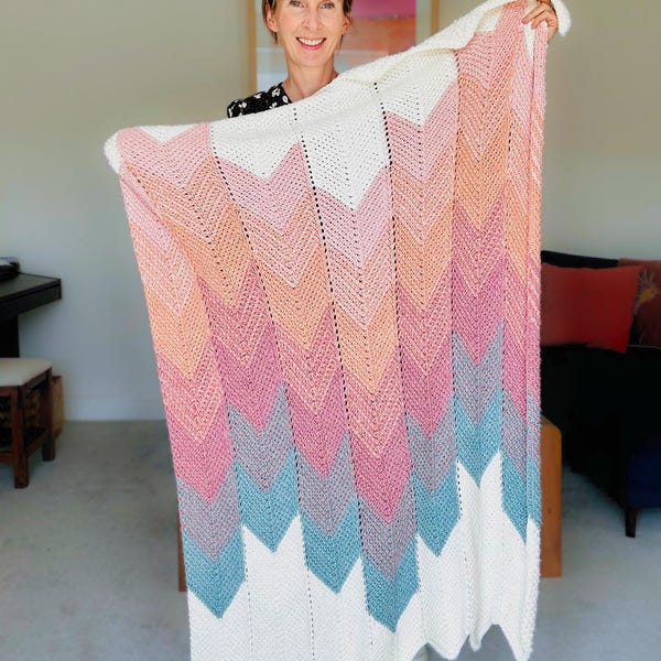 Tunisian Crochet Blanket Pattern, Chevron Blanket, 9 sizes, Video Tutorial included