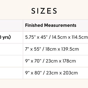 crochet scarf size table