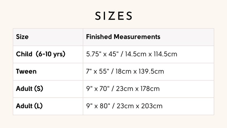 crochet scarf size table