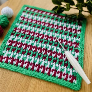 May include: A green, white, and red crocheted square with a white crochet hook lying on top. The square is made with a repeating pattern of interlocking loops.