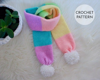 CROCHET PATTERN, Crochet Scarf Pattern, Crochet Scarf, Pom Pom Scarf, Rainbow Scarf, Color Block Scarf, Colorful Scarf, Crochet Kids Scarf