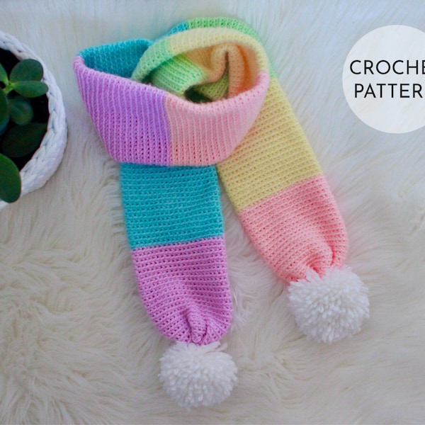 CROCHET PATTERN, Crochet Scarf Pattern, Crochet Scarf, Pom Pom Scarf, Rainbow Scarf, Color Block Scarf, Colorful Scarf, Crochet Kids Scarf