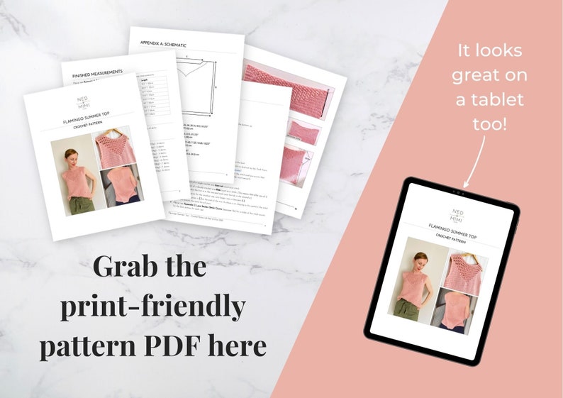 May include: A printable crochet pattern for a pink flamingo summer top. The pattern includes instructions and diagrams for crocheting the top. The pattern is available as a PDF download.