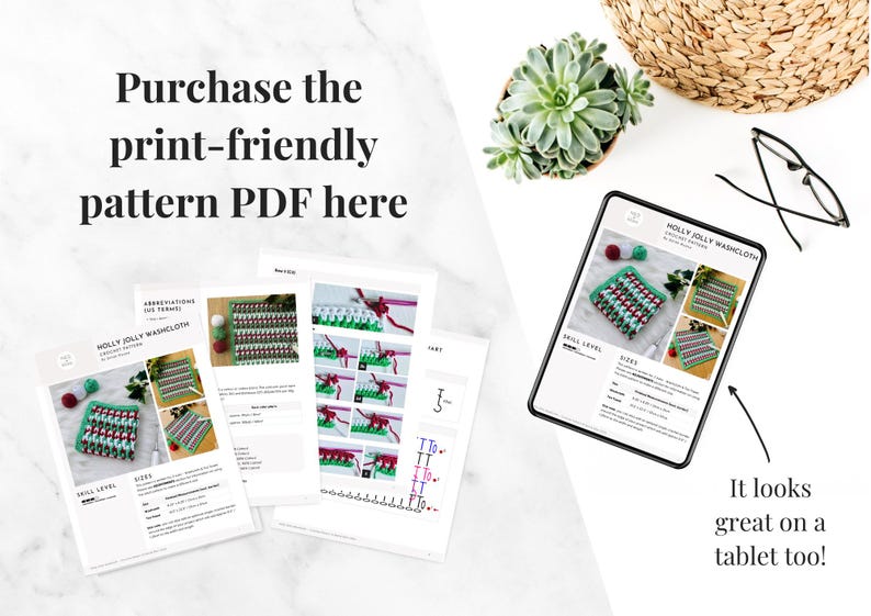 May include: A printable crochet pattern for a washcloth called "Molly Jolly Washcloth". The pattern includes instructions, abbreviations, and a chart. The washcloth is green, red, and white.