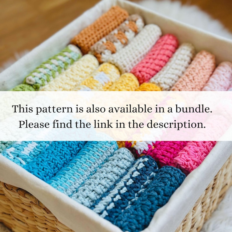 May include: A basket filled with colorful crocheted dishcloths in various colors, including blue, green, yellow, pink, and orange. The dishcloths are folded and stacked neatly in the basket.