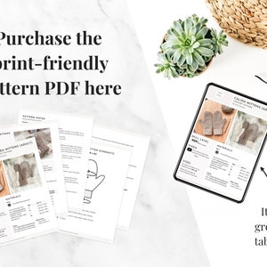 May include: A printable PDF pattern for knitting Calida Mittens. The pattern includes instructions, materials list, and a schematic. The image shows the pattern printed on paper and displayed on a tablet.