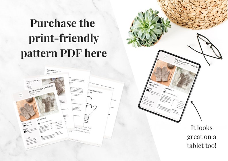 May include: A printable PDF pattern for knitting Calida Mittens. The pattern includes instructions, materials list, and a schematic. The image shows the pattern printed on paper and displayed on a tablet.