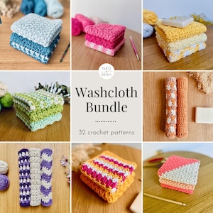 May include: A collection of 32 crochet washcloth patterns. The image shows a variety of colorful washcloths in different textures and designs, including striped, checkered, and textured patterns. The washcloths are stacked and arranged on wooden surfaces.