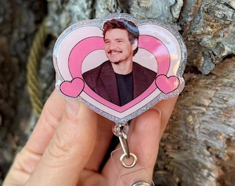 Glitter Pedro Pascal Badge Reel, Pascal Badge Holder, Pedro Gift, Pedro Pascal Gift, Pedro Badge Holder, Retractable Badge Reel